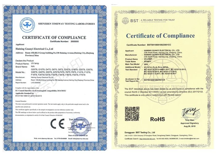 certification of T8 30W BLB UVA